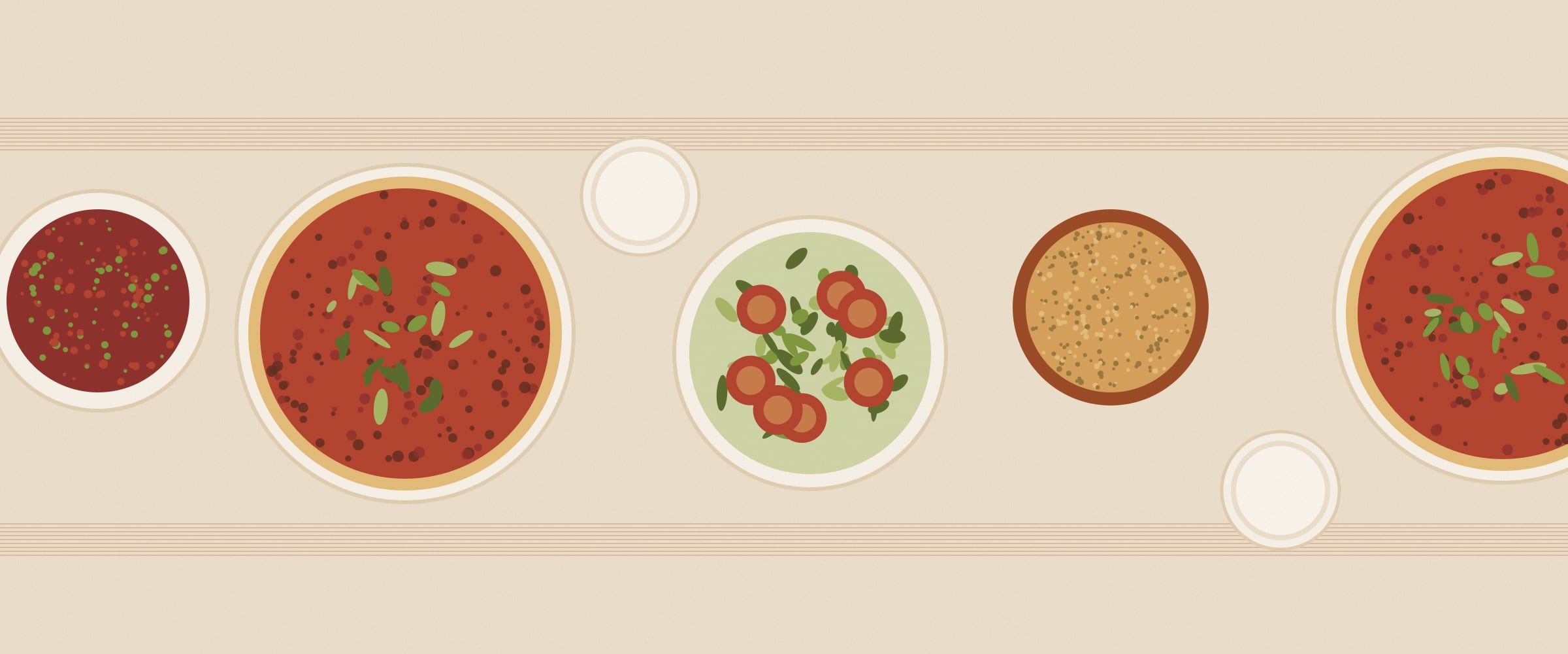Uzun bir sofra boyunca dizilmiş ezme, lahmacun ve salata tabaklarını andıran yatay çizim